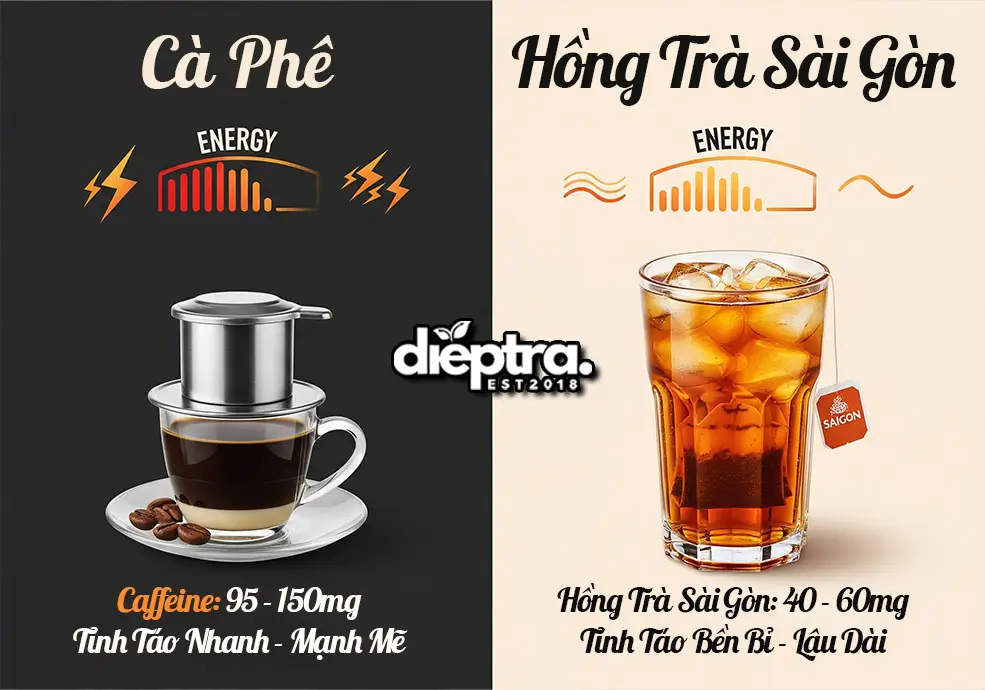 So sánh cafein Hồng Trà Sài Gòn và cà phê